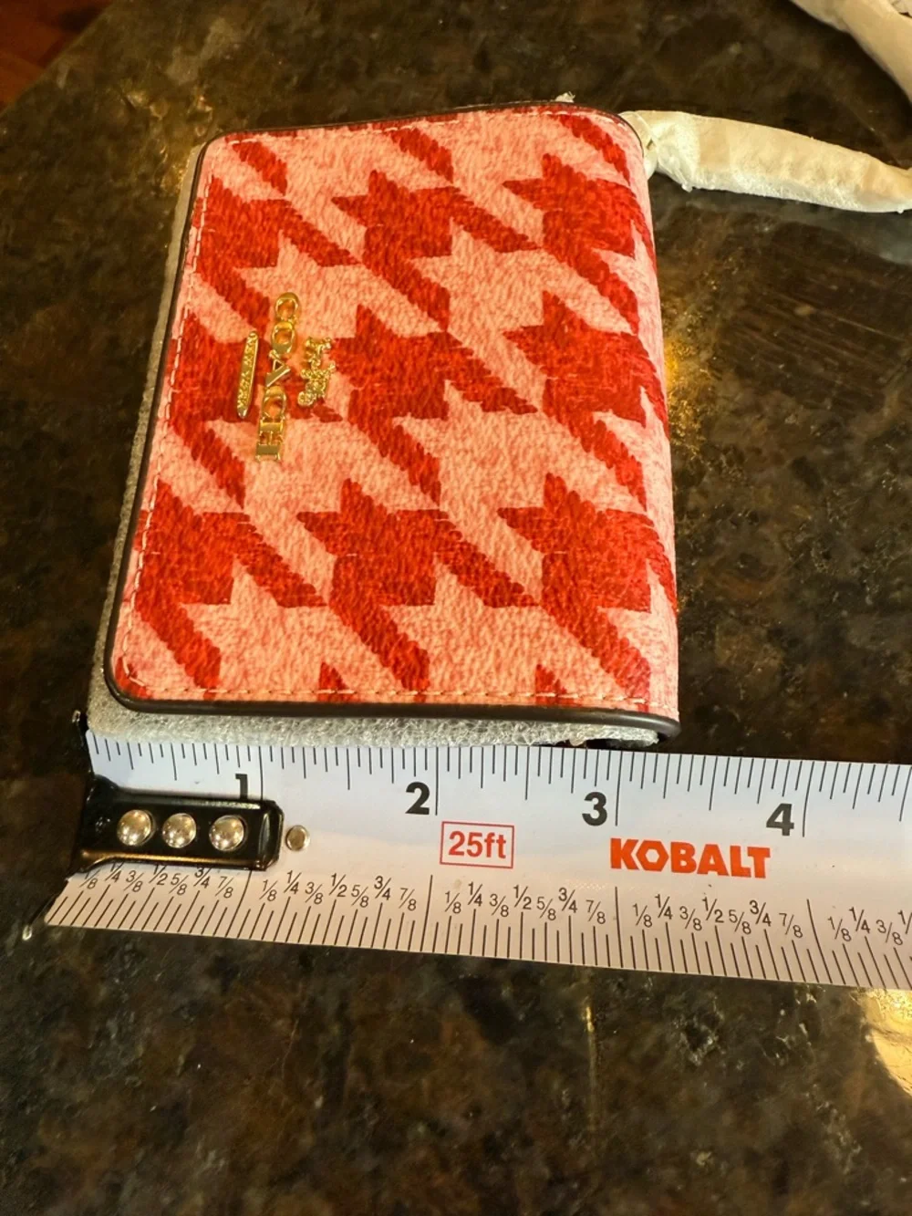 Coach Pink and Red Houndstooth Crossbody Wallet on Chain with Gold Logo